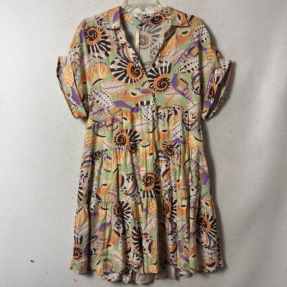 Uncle Frank Pastel Swirl Tiered Mini Dress in Cream, Peach & Lavender